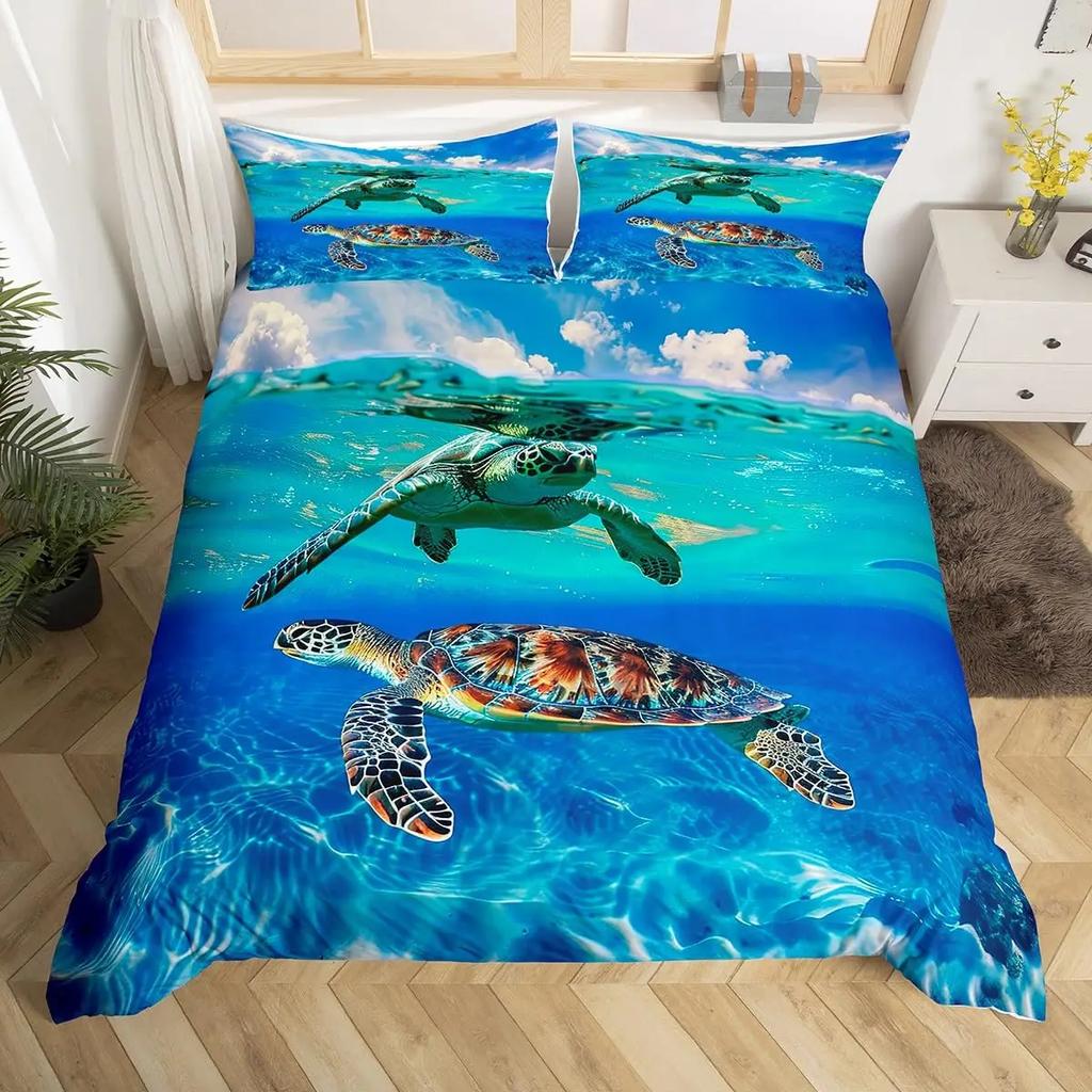 Turtle Bedding Set Nautical Coastal Duvet Cover White Blue Sea Comforter Cover Reptile Tortoise Animal Polyester Quilt Cover