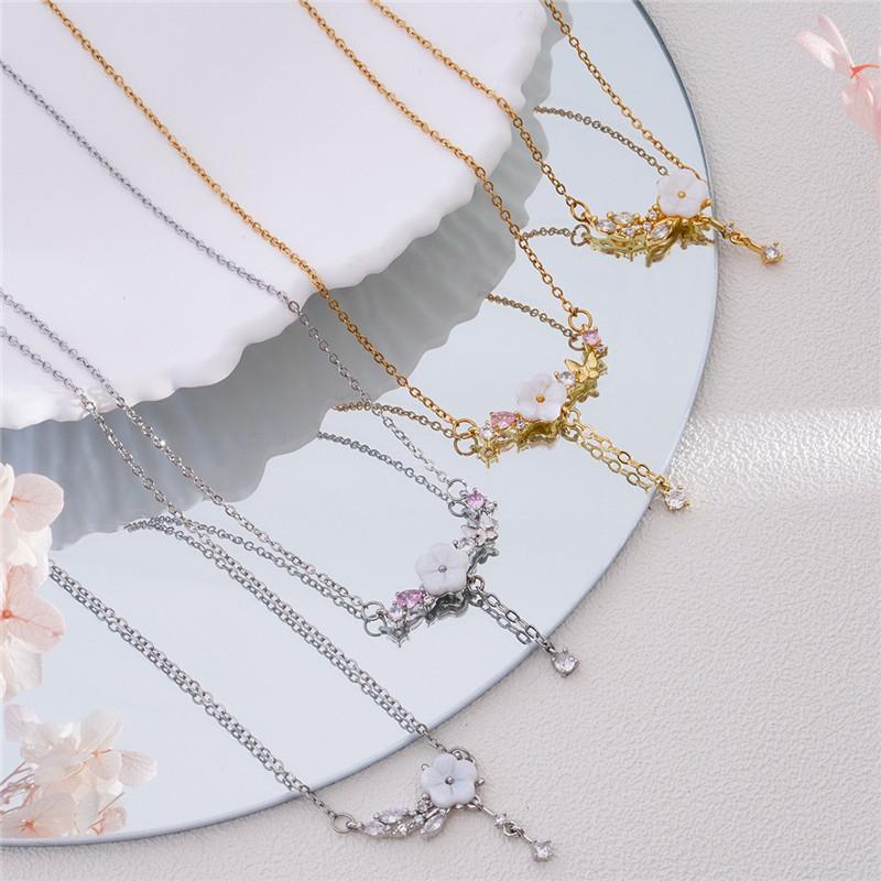 Light Luxury Camellia Zircon Pendant Necklace Stainless Steel Chain Cute Flower Choker Jewelry Birthday Gifts For Women Girls
