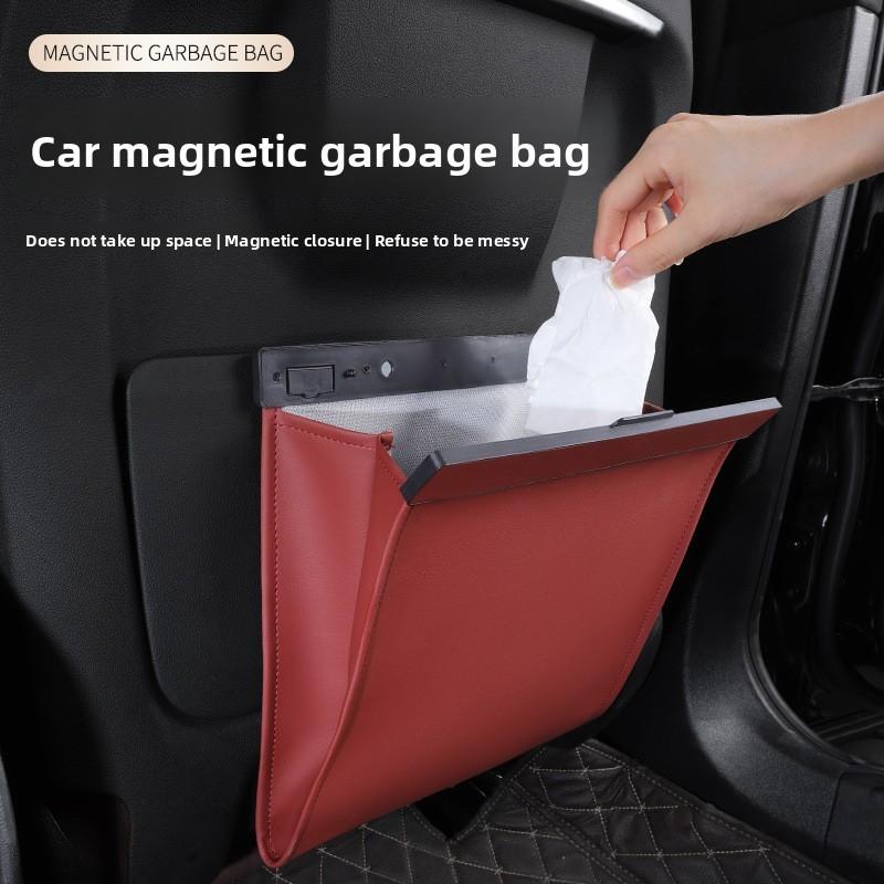 Car Leather Garbage Bags, Rear Seat Backrest Hanging Magnetic Absorption for Car Interior Cleaning Supplies