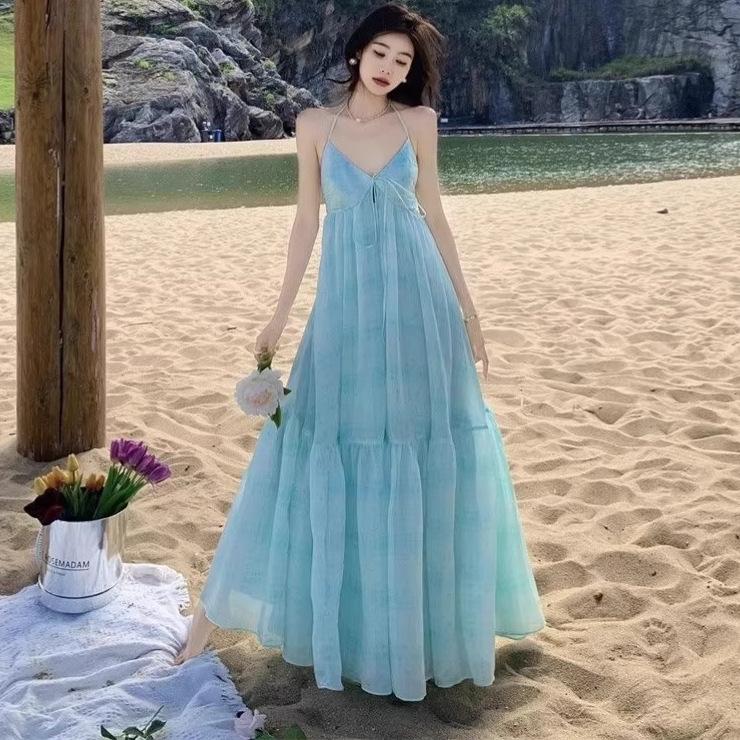 French Temperament Backless Seaside Vacation Style Blue Neck Sling Dress, Children's Waist and Thin New Long Dress