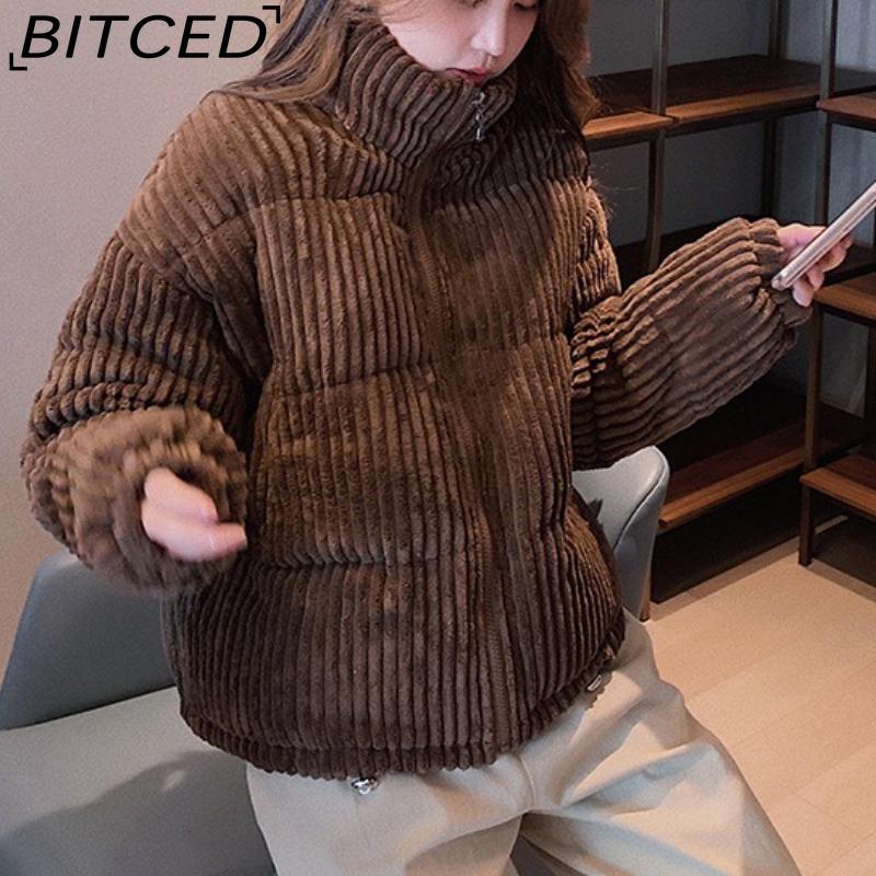 BITCED Winter Women's Stand Collar Short Corduroy Quilted Down Jacket Loose-Fit Lightweight Cotton-Padding Coat