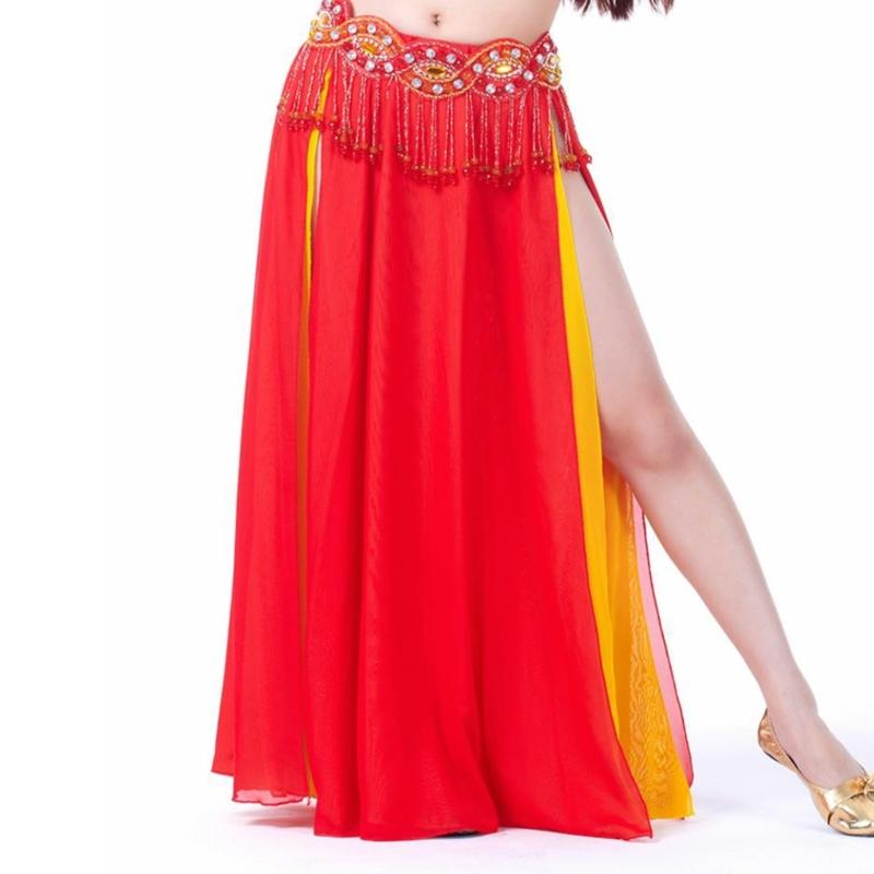 Belly Dance Skirt Double Slits Dance Training Dress Chiffon Long Skirt for Professional and Beginner