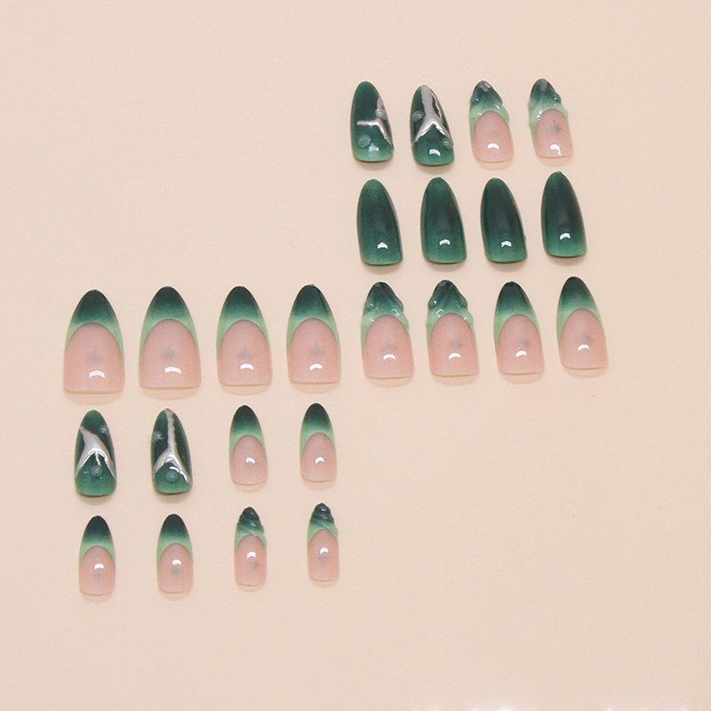 False nail dark green wearing nail piece False nail three-dimensional star nail patch Removable piece 24 pieces