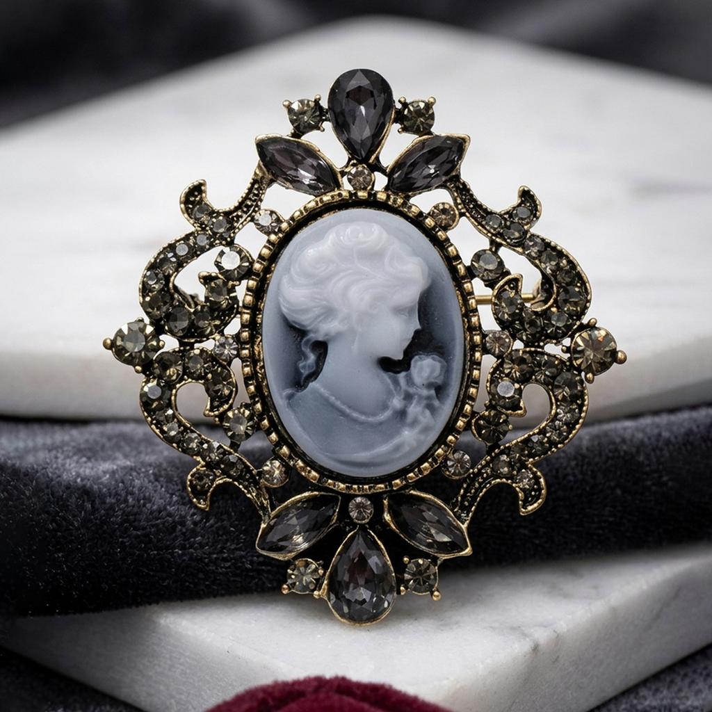 Brooch with Engraved Portrait of A Person, Rhinestone and Pearl Design, Elegant Brooch