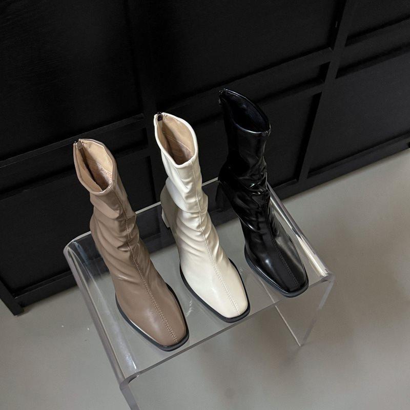 2025 Medium Boots Black Pleated Square Head High Heel New Thick Heel Retro Thin Boots Short Women's Boots French Stacking