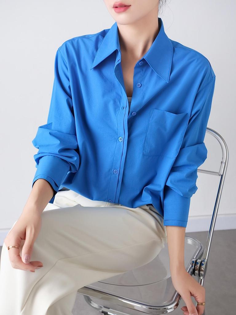 Damen blaues zweireihiges Langarm-Tencel-Baumwollhemd