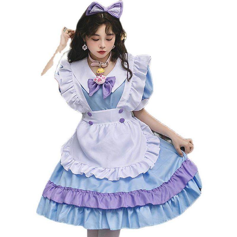 Plus-Size Maid Outfit with Super Cute Big Bow Lolita Dress, Pink and Blue Cute Dress for Women