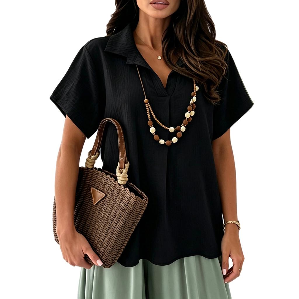 Women's Short Sleeve Shirt Loose Fit V Neck Collared Blouse Casual Wrinkled Texture Summer Top