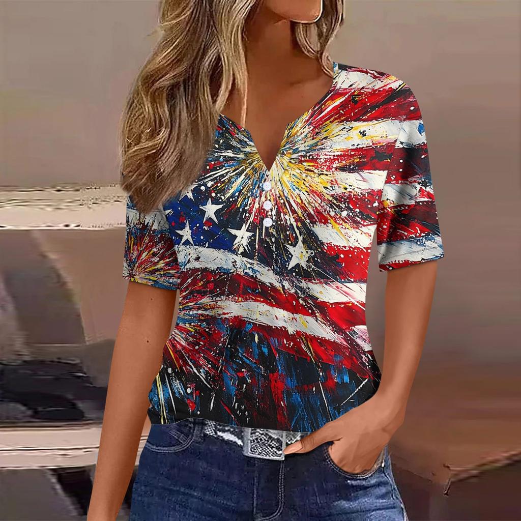 Dámské tričko Tričko Potisk knoflíku Krátký rukáv Denní víkend Móda Basic Top s výstřihem do V