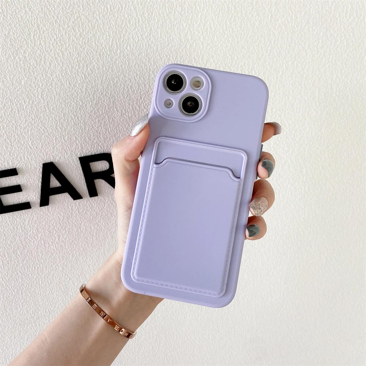 

Мягкий силиконовый чехол-держатель для карт для iPhone 16 15 14 13 12 Pro Max Mini Plus контрастного цвета с кнопками, противоударная задняя крышка For iPhone 16Pro Max фиолетовый