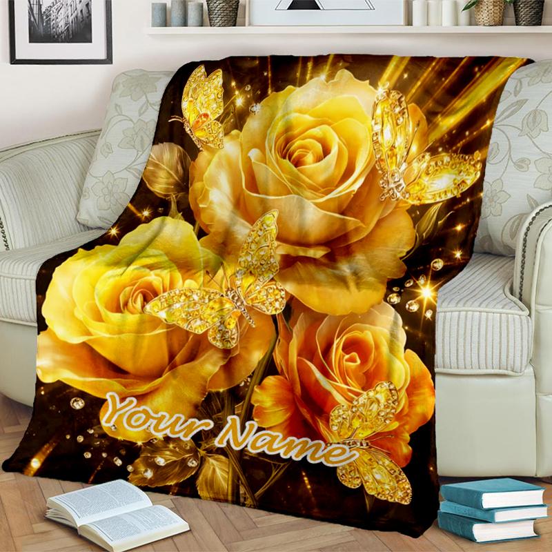 1PC Custom Name Golden Roses Butterflies flannel blanket versatile, all-season throw suitable for the living room, bedroom, camping, travel, and gift