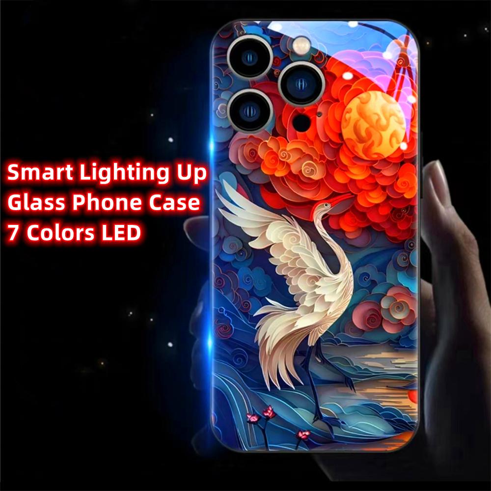 Red Sun Immortal Crane Pattern LED Light Up Phone Case Glowing Back Cover For IPhone Samsung 【Style A】For Iphone 13 mini