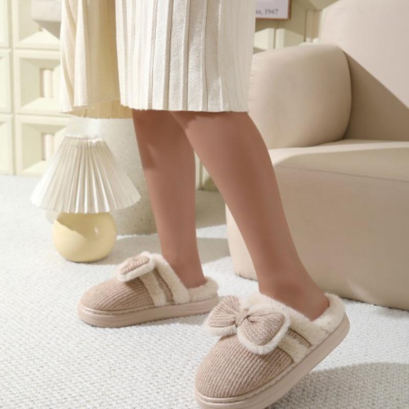 Autumn and Winter Step On Non-slip Cotton Indoor Bow Shit Outer Wear Home Cotton Couple Slippers Women's Plush Non-slip Warm