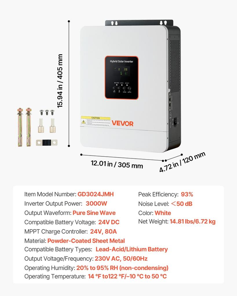 Inverter Solare Ibrido 3000W, da 24V CC a 230V CA, Inverter di Potenza Caricabatterie a Onda Sinusoidale Pura, Controller Solare MPPT 80A Integrato, Compatibile con Piombo-Acido