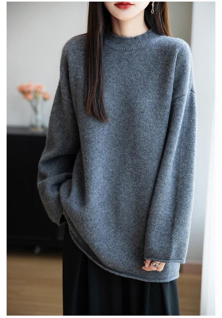 Women's Pure Wool Loose Knit Dress - Autumn & Winter, Round Neck, Solid Color, Plus Size, Medium Long, Korean Style.