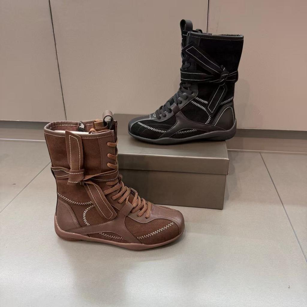 Autumn retro inner heightening Martin boots women's brown boxing boots frosted leather round head lace-up sports boots short boots