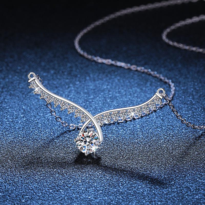 Sterling Silver Angel Wings Moissanite Pendant Necklace for Women 1 Carat S925