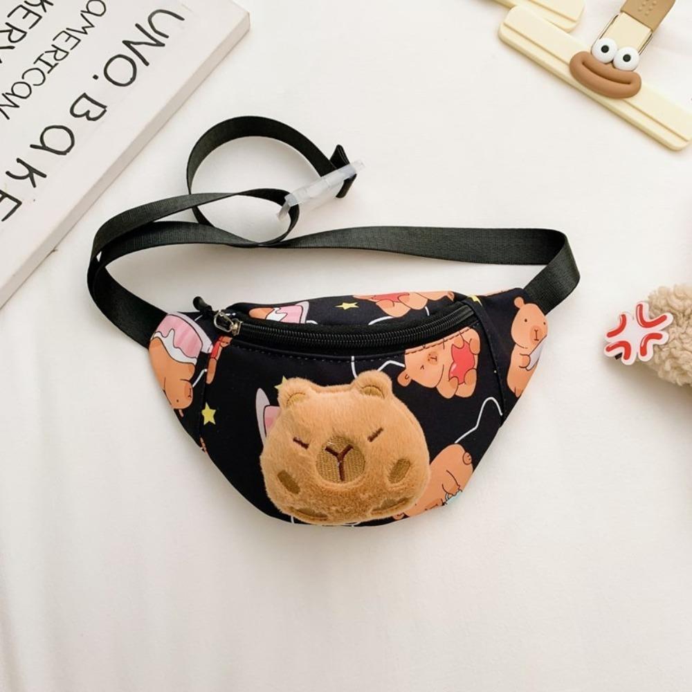 Cartoon Capybara Children s Chest Bag with Plush Doll Simple Crossbody Bag Adjustable Shoulder Strap Large Capacity Shoulder Bag чёрный
