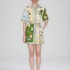 European and American Women's Clothing, New Spring Models, Fashionable Flower-printed Lapel-neck Lace-up Short Dress Dress