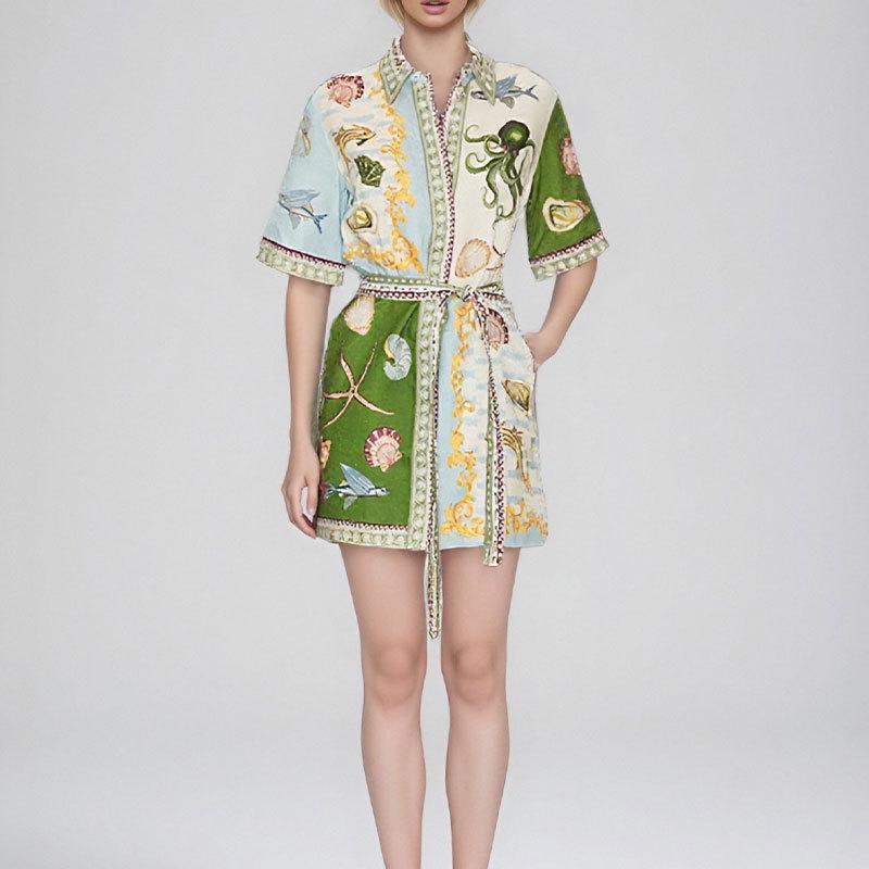 

Весна Новая Женская Мода Принтованное Темпераментное Платье с Лацканами и Поясом с Короткими Рукавами S