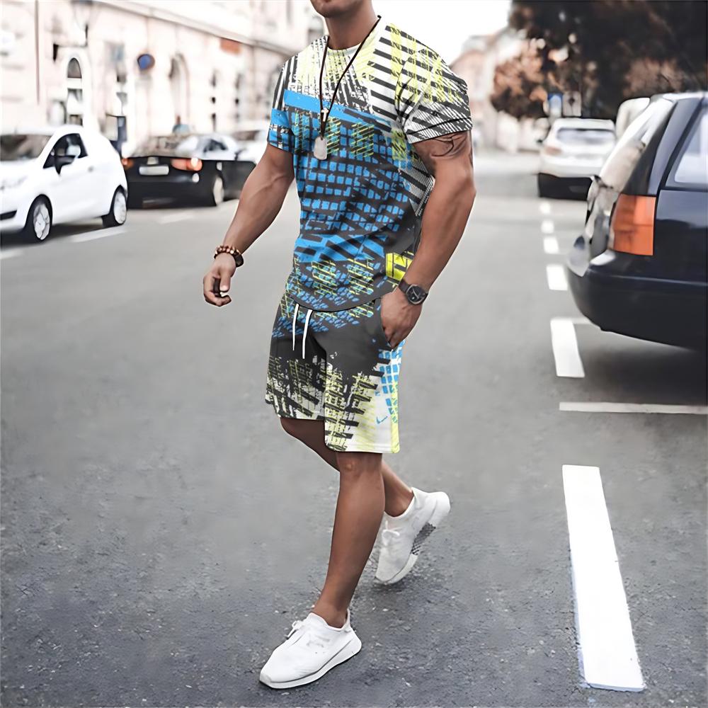 Summer Men Clothing Quick Dry Short Sleeve T Shirt Shorts 2 Piece Sets Print Men's Oversized Tracksuits Street Sportswear Suits
