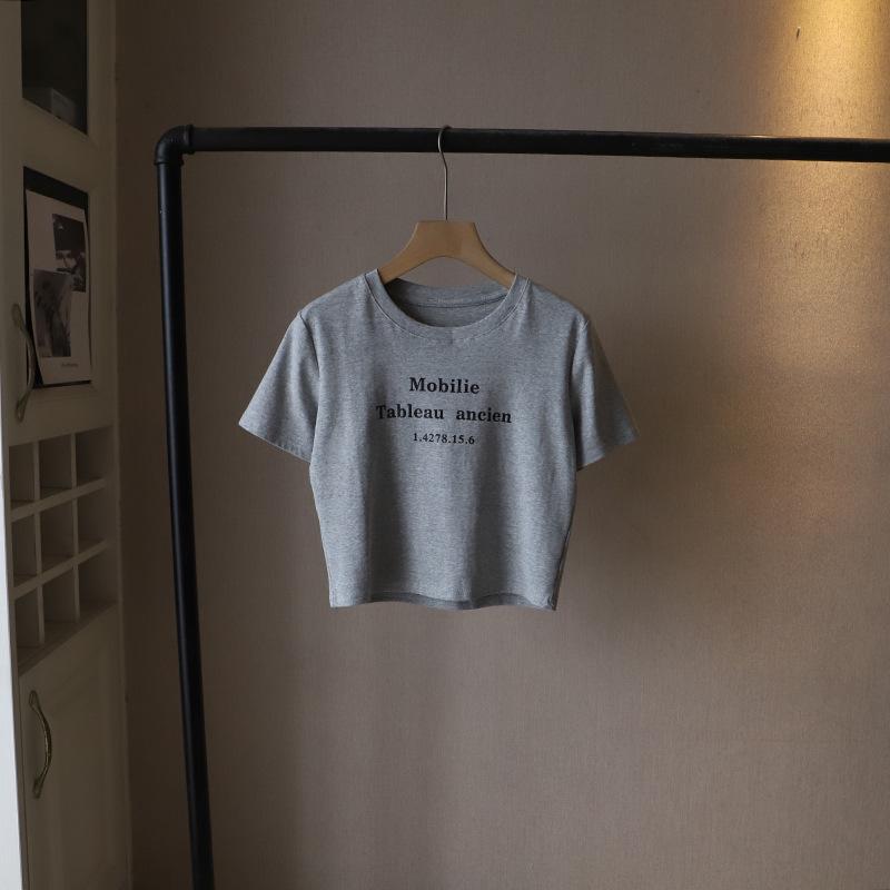 

2025 Summer Women s Slimming Korean Style Letter Print Round Neck Tee One Size хизер серый