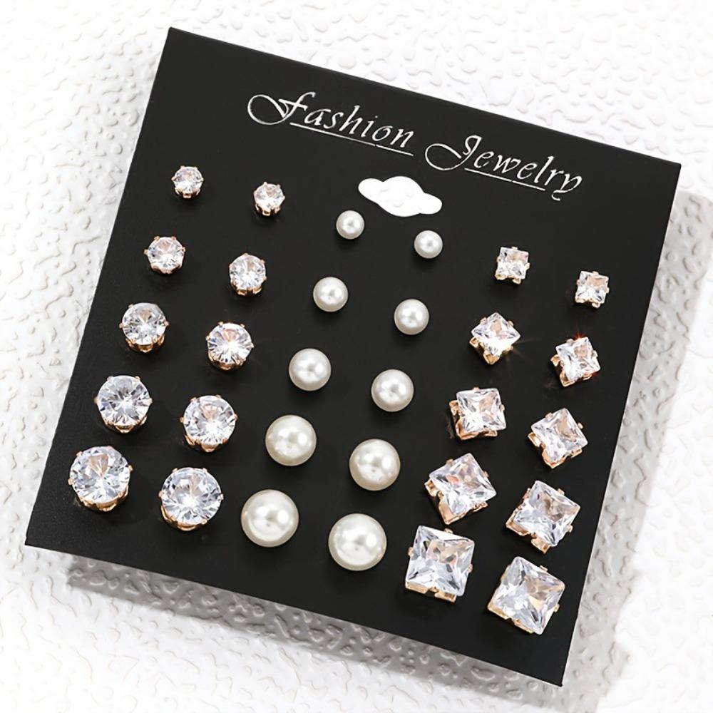 15 Pairs Classic Luxury Geometric Six Claw Zircon Crystal Pearl Stud Earrings Sets for Women Daily Wear Piercing Jewelry Gifts