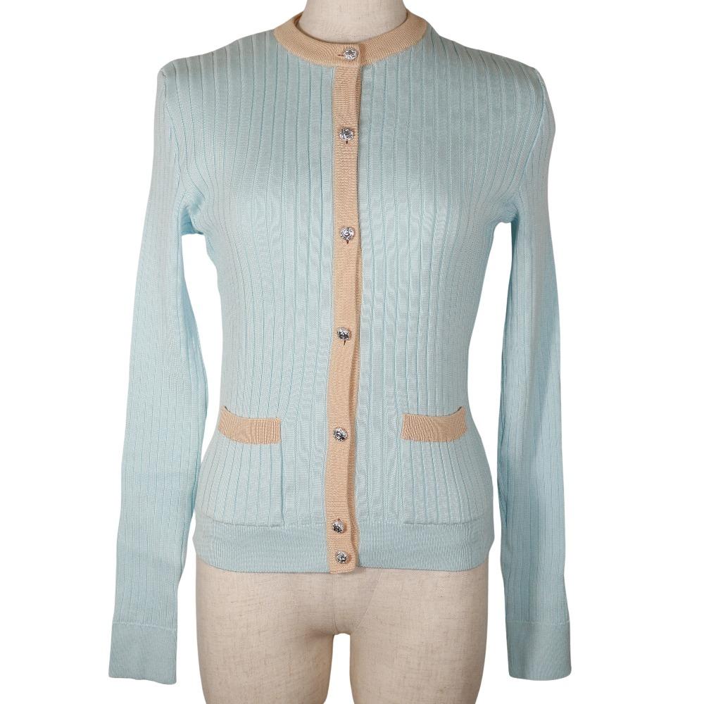 

CHANEL ensemble cardigan P07389V00348 piping 97P Light blue / orange cotton Women Used