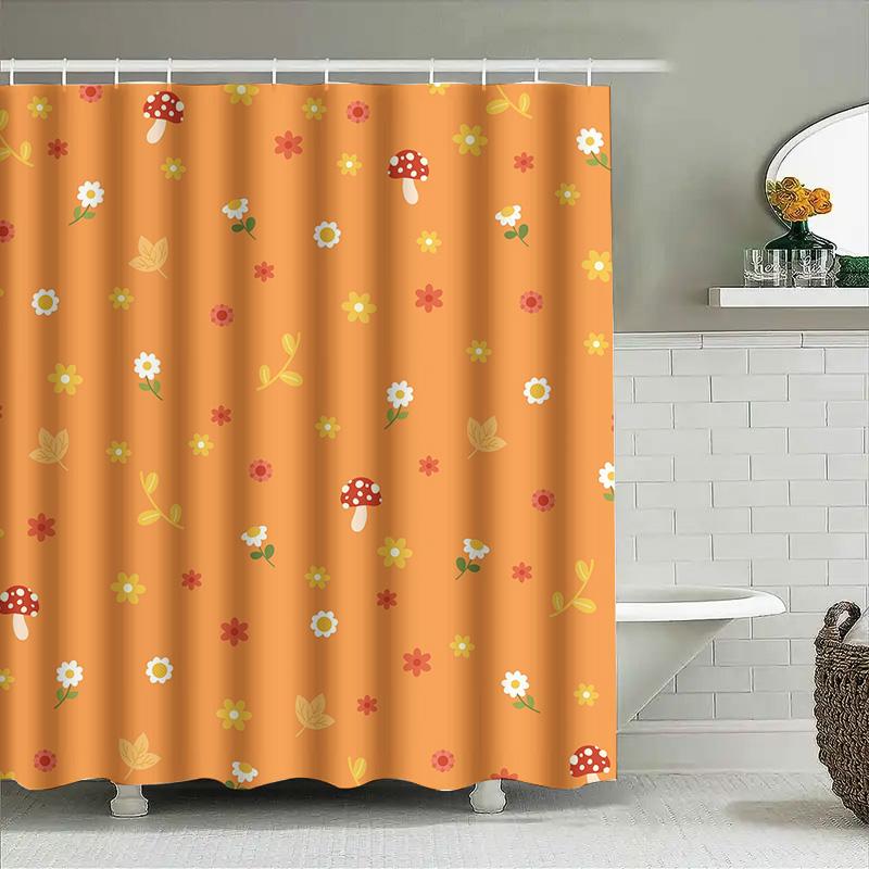 Colorful Mushroom And Flower Shower Curtain Set For Bathroom Decor Orange Print Shower Curtains Waterproof Bath Liner Home Decor