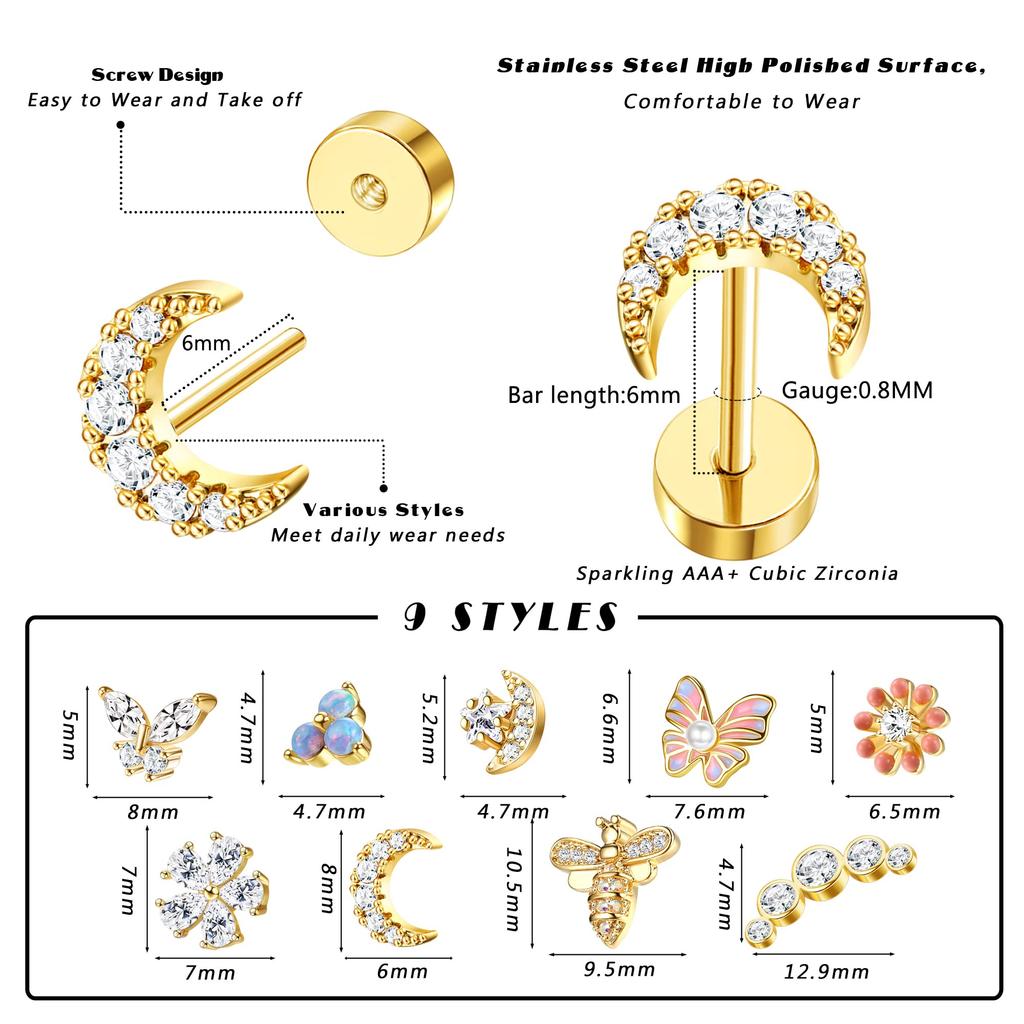 Drperfect 1 szt. Kolczyk do chrząstki ucha Stud dla kobiet Stal chirurgiczna Kolczyk z płaskim tyłem Kolczyk do przekłucia ucha Tragus Helix w kształcie motyla i kwiatu