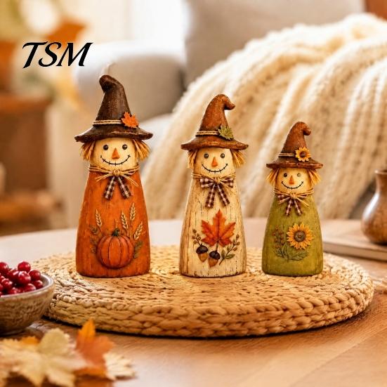 Festival Atmosphere Room Accessories Vintage Resin Scarecrow Figurines, Fall Harvest Pumpkin Sunflower Maple Cute Wizard Hat Ornaments Leaf