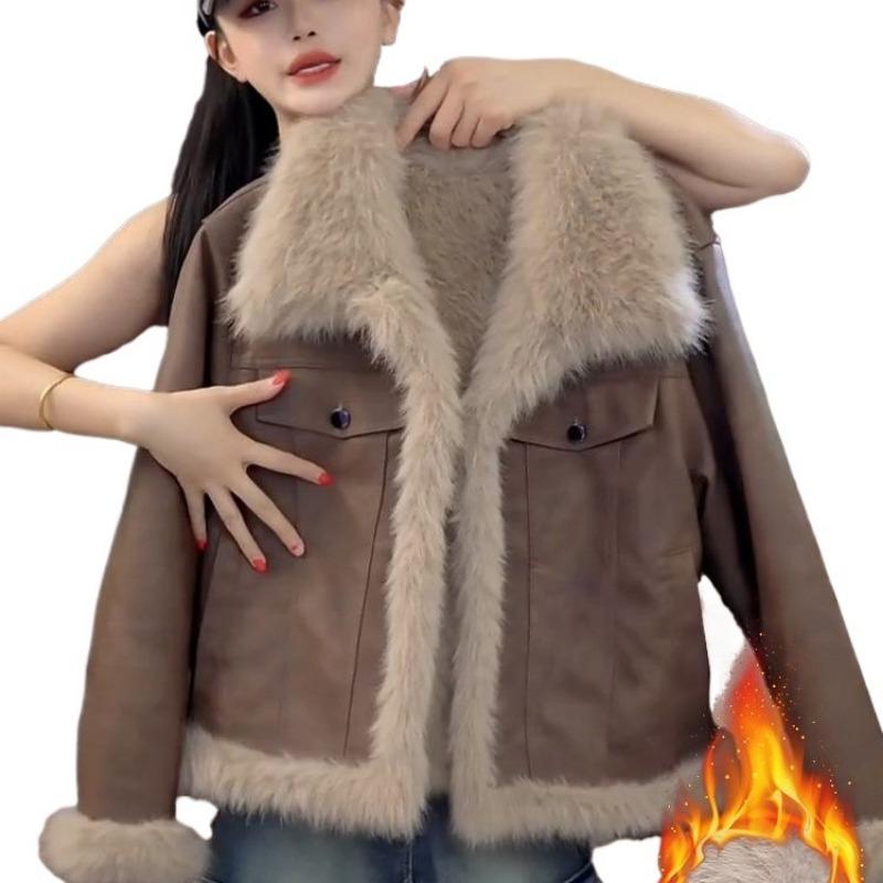Winter New Fur Integrated Short Leather Jacket Women's Fleece Thickened Age-reducing Imitation Fur Top