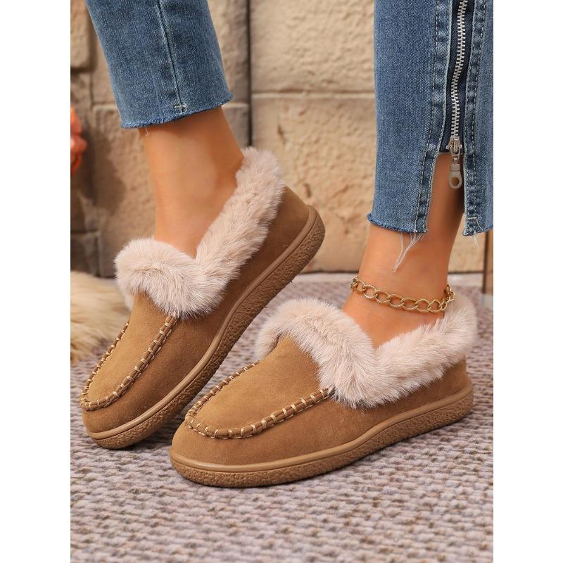 Women's Plus Size Furry Cuff Flat Cotton Shoes Autumn Winter Fleece Lined Warm Slip on Shoes