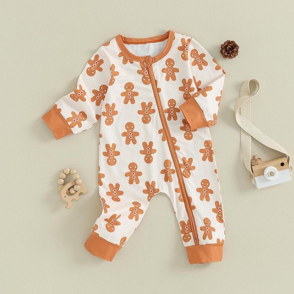 Baby Jumpsuit, Long Sleeve Crew Neck Gingerbread Man Print Christmas Romper Clothes for Girls Boys