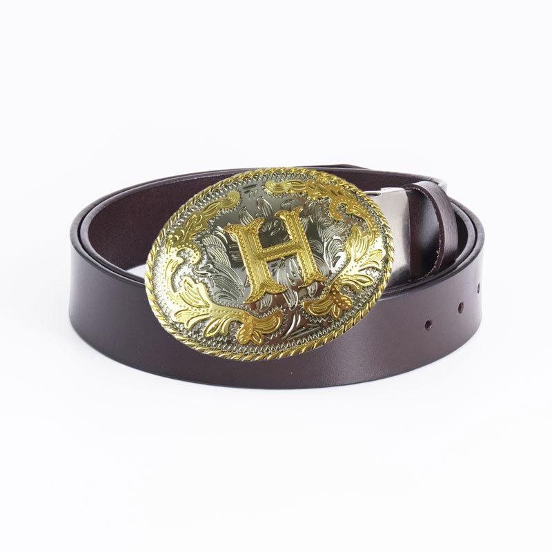 Men's Retro Full-Grain Leather Wide Belt with Ethnic Letter H Design