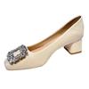 Autumn Rhinestone Square Head Thick Heel Single Shoes Women's New Fashionable Versatile Soft Leather Shallow Mouth Temperament Middle Heel Shoes