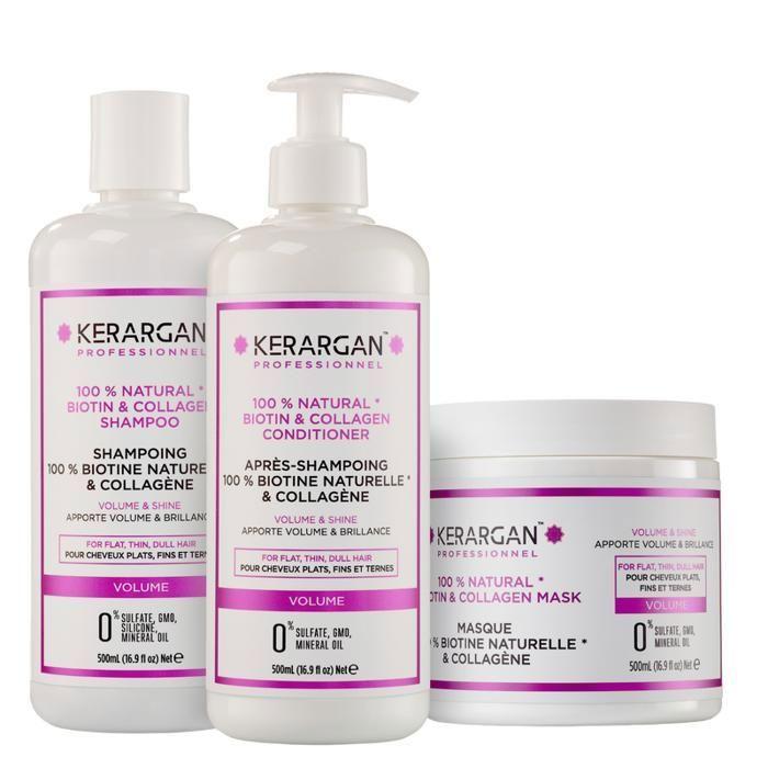 Kerargan - Trio Volumisant Shampoing, Après-shampoing &amp; Masque Biotine &amp; Collagène pour Cheveux Plats - Sans Sulfate - 3x500ml