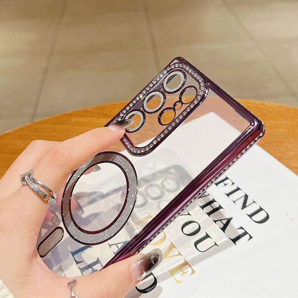 Husă de telefon transparentă, placată magnetică de lux, pentru Samsung Galaxy S24 S23 S22 Ultra Plus, cu sclipici, husă moale de protecție pentru lentile diamantate