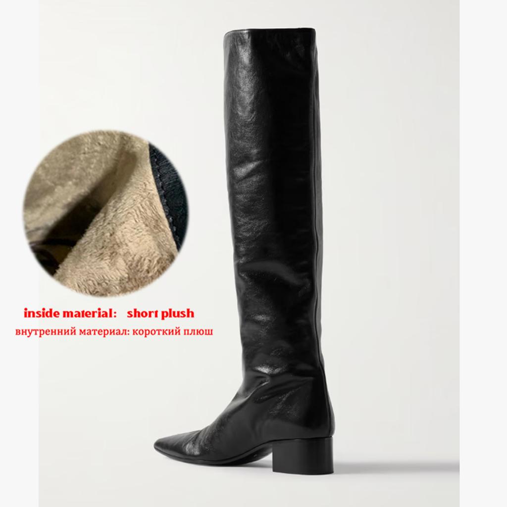 Krazing Pot Cow Skin Microfiber Pointed Toe Med Heels Over-the-knee Boots Size 46 Size 45 Slip on Plus Size Women Keep Warm Long Boots