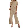 Women's Casual Two Piece Set Striped Top and Pants Loose Fit Short Sleeve Pullover with Elastic Waistband Wide Leg Trousers