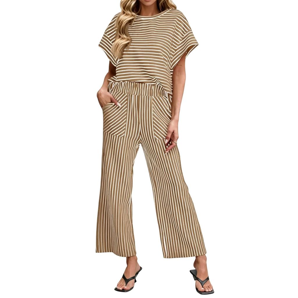 Women's Casual Two Piece Set Striped Top and Pants Loose Fit Short Sleeve Pullover with Elastic Waistband Wide Leg Trousers
