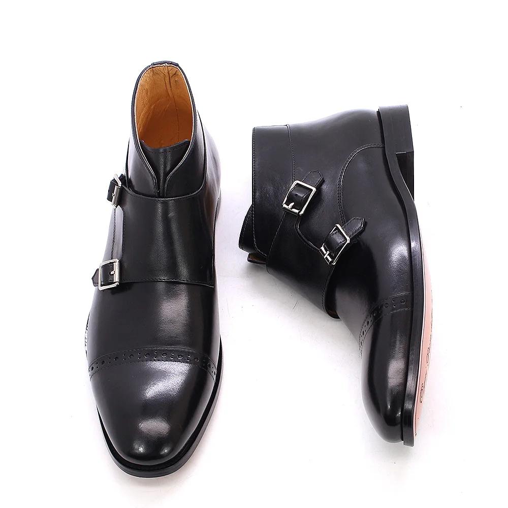 Fashion Sale 38-47 Mens Ankle Boots Genuine Calf Leather Double Buckles Monk Strap Basic Shoes Men Cowboy  Fashion Motorcycle Boots