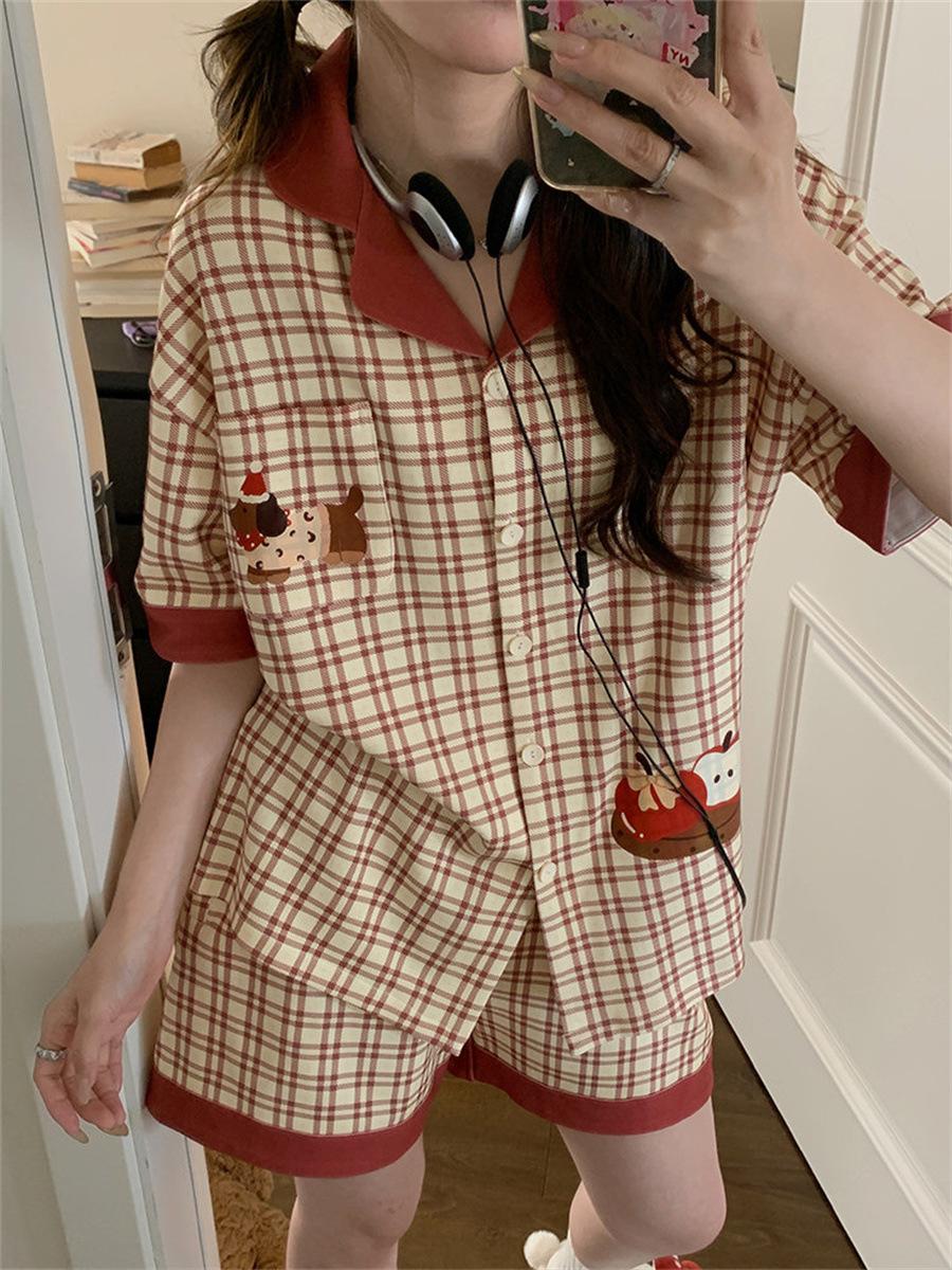 

Premium red plaid sausage puppy pajamas women s summer short-sleeved shorts ins style suit girl loungewear S