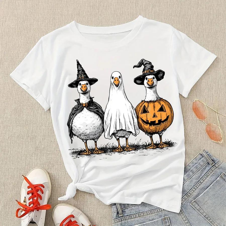 2025 New Retro Halloween Boo Ghost Goose Women T Shirts Casual Women Clothes Crewneck Tee Tops Funny Casual Short Sleeved Tees