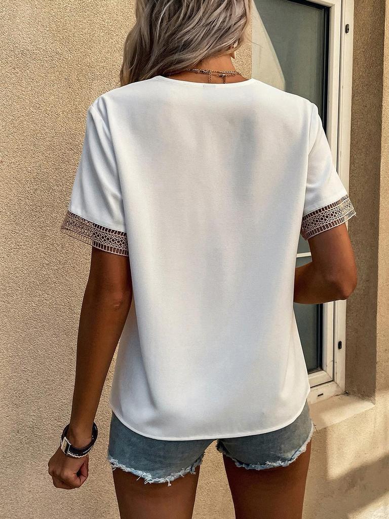 Women's V-neck Lace Loose Short Sleeve Top - Elegant Commute Style