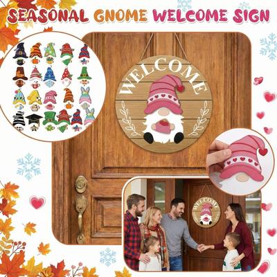 Interchangeable Wooden Gnome Decor Holiday Seasonal Gnome Decorations With Magnet Pieces And Detachable Hats Changeable Welcome Sign For Home