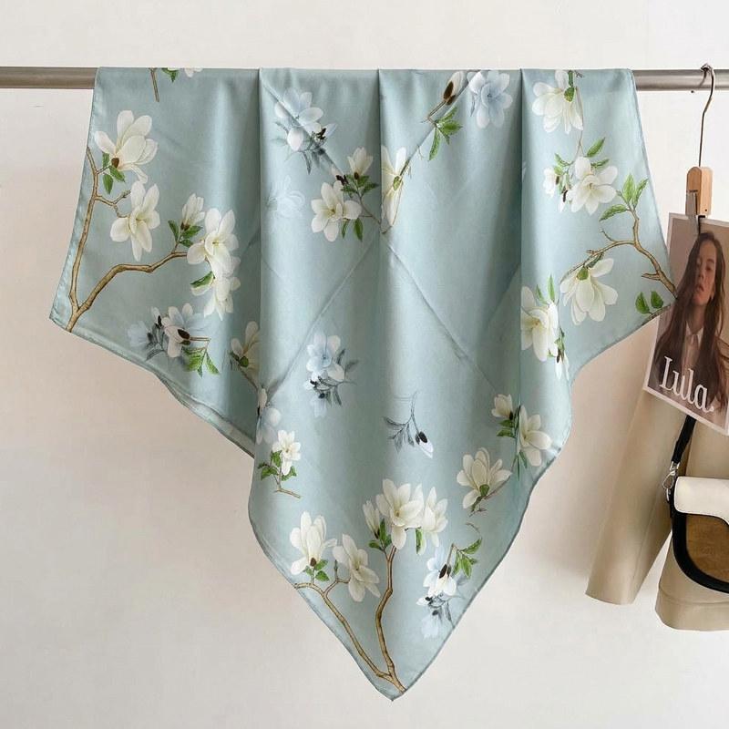 Elegant Chinese style blue magnolia silk large square scarf shawl silk scarf female gift mother mother mother-in-law elders