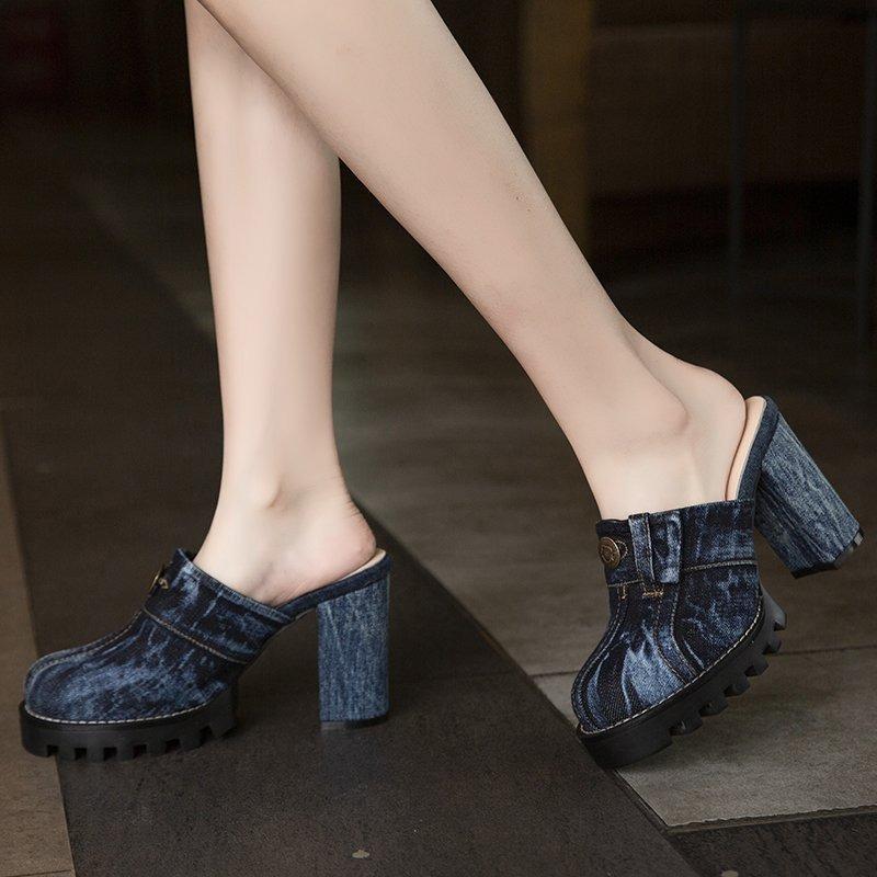 Summer new denim wash bag head lazy fashion high heel thick heel sandals women's slippers sandals