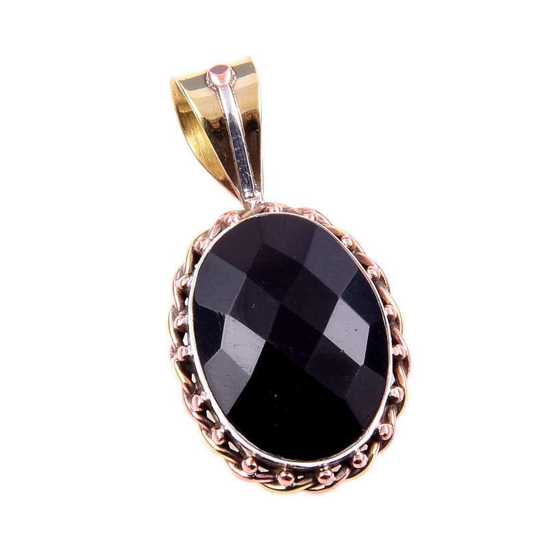 Natürlicher Schwarzer Onyx Edelstein 925 Massiv Sterlingsilber Zweifarbig Anhänger 1,5" W3v27