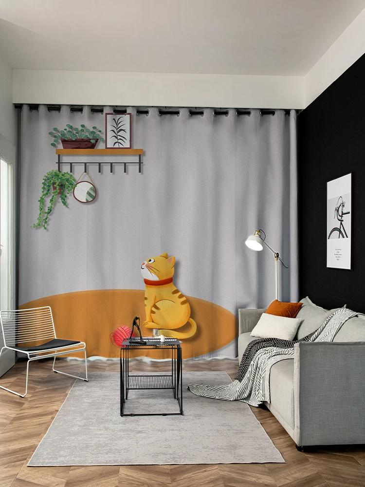 Cartoon Adorable Cat Print Pattern High Shading Drape Children's Bedroom Space Window Opening Drape Hook Top Ring New A Variety of Styles 2 Panels4